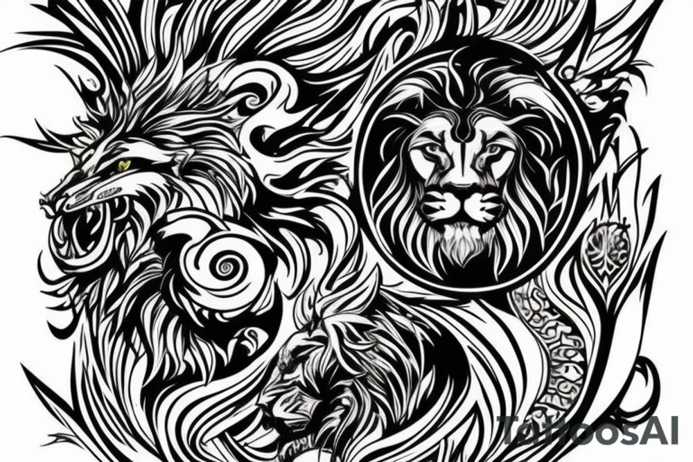 lion and dragon, pegasus, shaman, totem pole, abstract negative space, not ugly, expressive, colour, trippy, lions mane, dragon feet, sharp claws, silky hair, aggressive, not too many lines, lots of circles tattoo idea