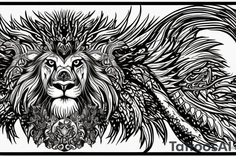 lion and dragon, pegasus, shaman, totem pole, abstract negative space, not ugly, expressive, colour, trippy, lions mane, dragon feet, sharp claws, silky hair, aggressive, not too many lines, lots of circles tattoo idea