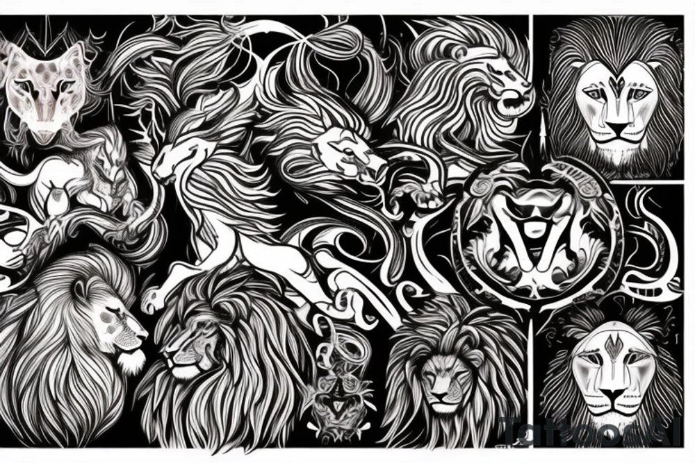lion and dragon, pegasus, shaman, totem pole, abstract negative space, not ugly, expressive, colour, trippy, lions mane, dragon feet, sharp claws, silky hair, aggressive, not too many lines, lots of circles tattoo idea