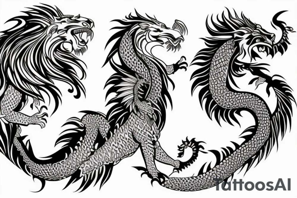lion and dragon, pegasus, shaman, totem pole, abstract negative space, not ugly, expressive, colour, trippy, lions mane, dragon feet, sharp claws, silky hair, aggressive, not too many lines, lots of circles tattoo idea