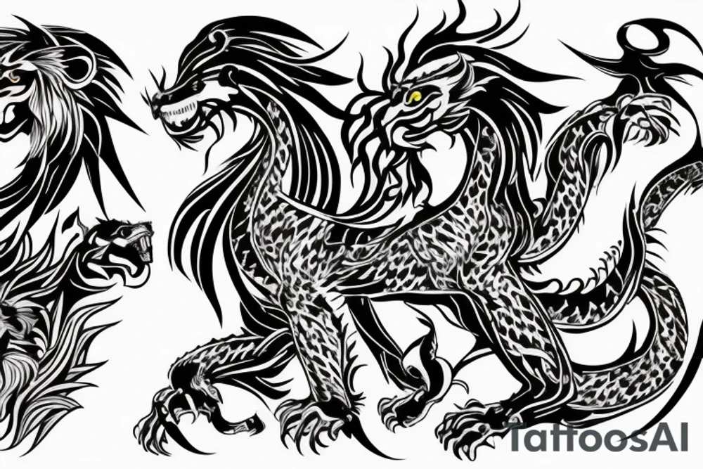 lion and dragon, pegasus, shaman, totem pole, abstract negative space, not ugly, expressive, colour, trippy, lions mane, dragon feet, sharp claws, silky hair, aggressive, not too many lines, lots of circles tattoo idea