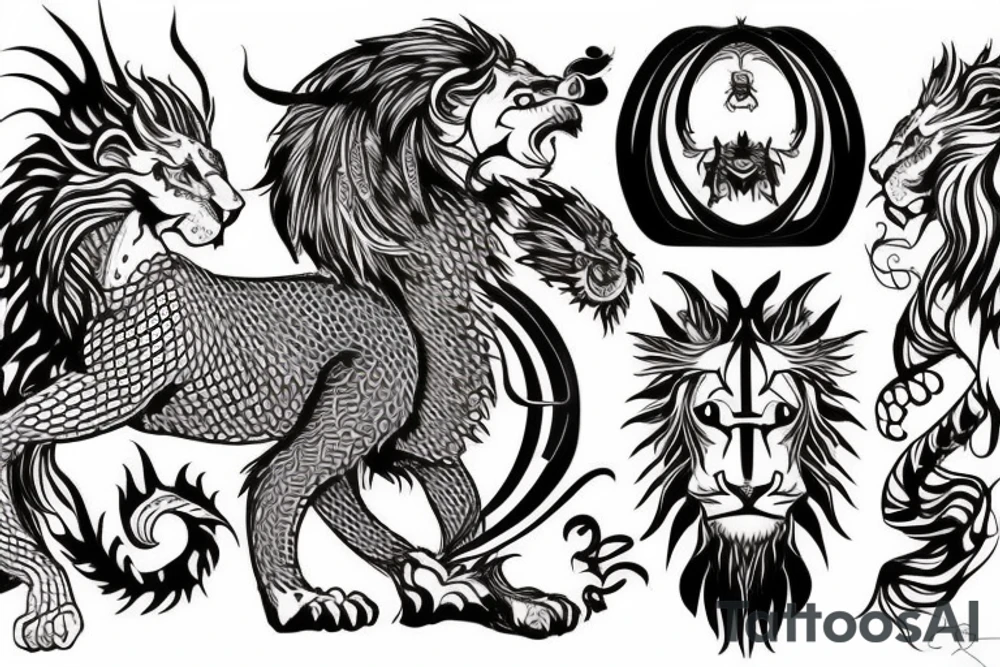lion and dragon, pegasus, shaman, totem pole, abstract negative space, not ugly, expressive, colour, trippy, lions mane, dragon feet, sharp claws, silky hair, aggressive, not too many lines, lots of circles tattoo idea