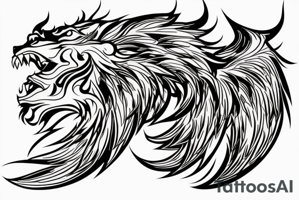 lion and dragon, pegasus, shaman, totem pole, abstract negative space, not ugly, expressive, colour, trippy, lions mane, dragon feet, sharp claws, silky hair, aggressive, not too many lines, lots of circles tattoo idea