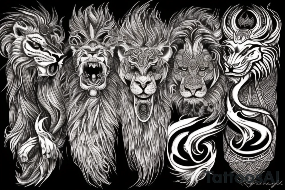 lion and dragon, pegasus, shaman, totem pole, abstract negative space, not ugly, expressive, colour, trippy, lions mane, dragon feet, sharp claws, silky hair, aggressive, not too many lines, lots of circles tattoo idea