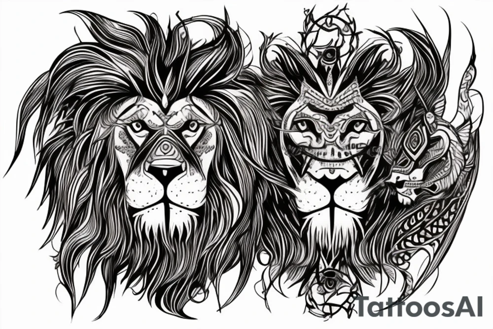 lion and dragon, pegasus, shaman, totem pole, abstract negative space, not ugly, expressive, colour, trippy, lions mane, dragon feet, sharp claws, silky hair, aggressive, not too many lines, lots of circles tattoo idea