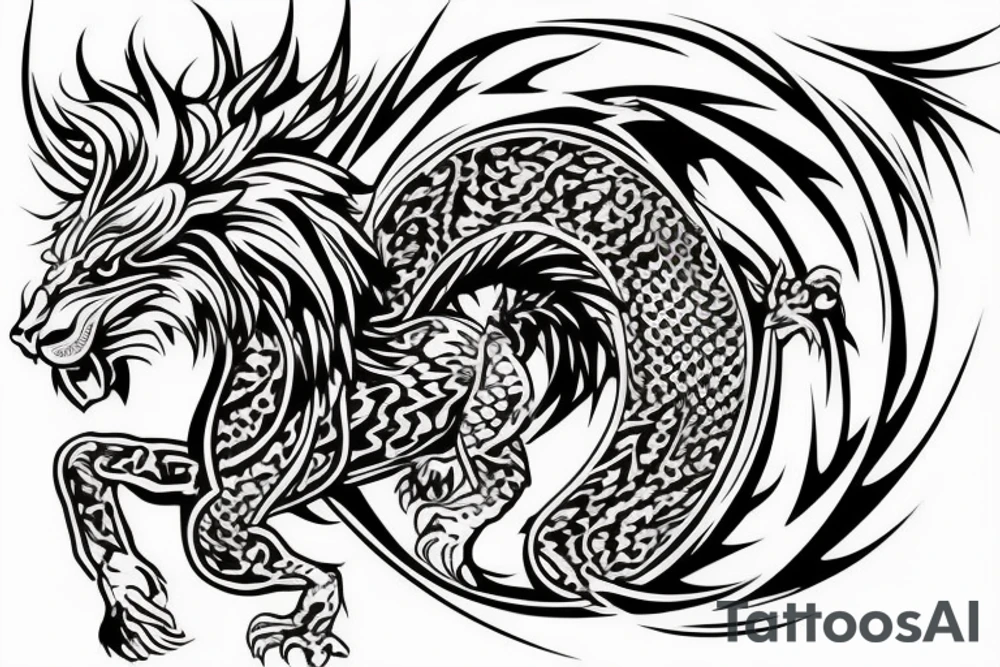 lion and dragon, pegasus, shaman, totem pole, abstract negative space, not ugly, expressive, colour, trippy, lions mane, dragon feet, sharp claws, silky hair, aggressive, not too many lines, lots of circles tattoo idea