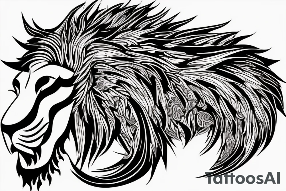 lion and dragon, pegasus, shaman, totem pole, abstract negative space, not ugly, expressive, colour, trippy, lions mane, dragon feet, sharp claws, silky hair, aggressive, not too many lines, lots of circles tattoo idea