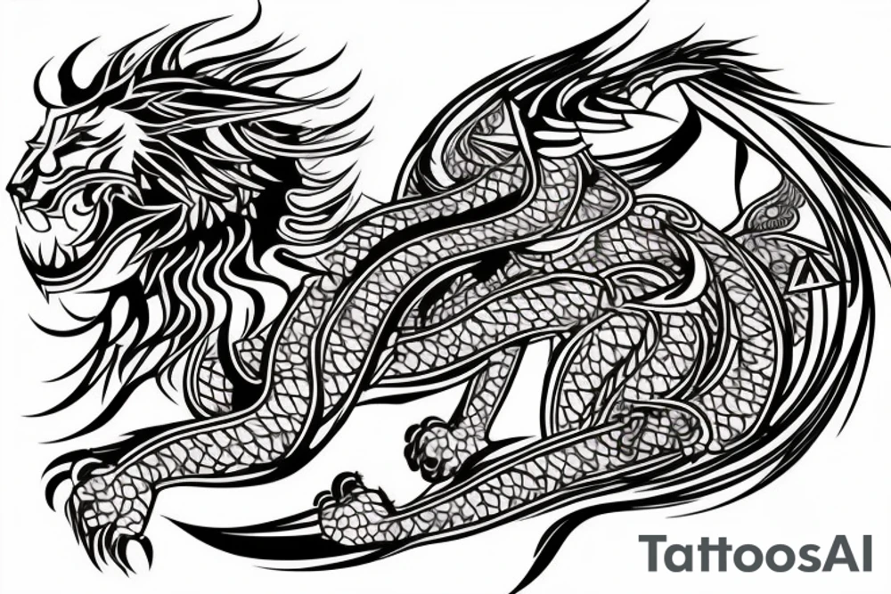 lion and dragon, pegasus, shaman, totem pole, abstract negative space, not ugly, expressive, colour, trippy, lions mane, dragon feet, sharp claws tattoo idea
