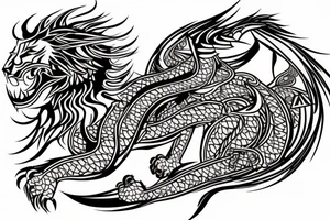 lion and dragon, pegasus, shaman, totem pole, abstract negative space, not ugly, expressive, colour, trippy, lions mane, dragon feet, sharp claws tattoo idea