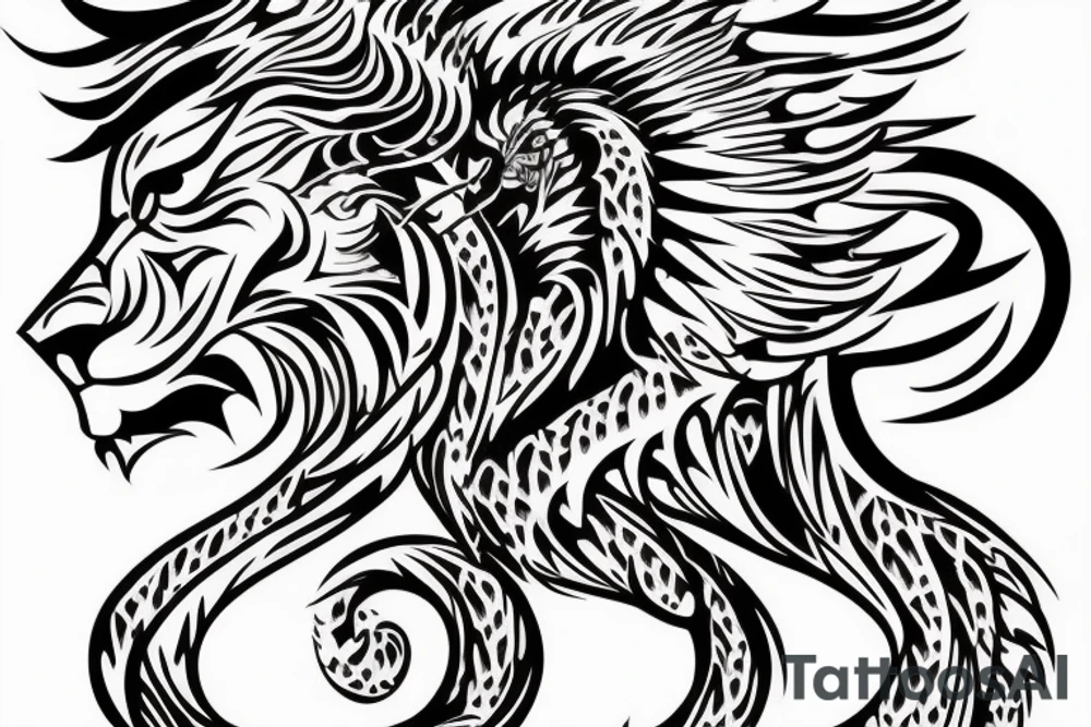 lion and dragon, pegasus, shaman, totem pole, abstract negative space, not ugly, expressive, colour, trippy, lions mane, dragon feet, sharp claws tattoo idea