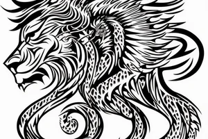 lion and dragon, pegasus, shaman, totem pole, abstract negative space, not ugly, expressive, colour, trippy, lions mane, dragon feet, sharp claws tattoo idea