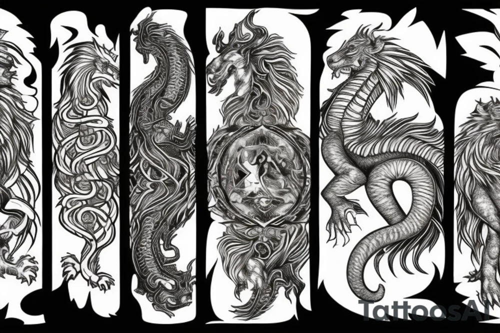lion and dragon, pegasus, shaman, totem pole, abstract negative space, not ugly, expressive, colour, trippy, lions mane, dragon feet, sharp claws tattoo idea