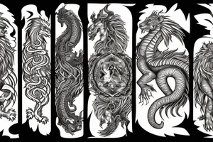 lion and dragon, pegasus, shaman, totem pole, abstract negative space, not ugly, expressive, colour, trippy, lions mane, dragon feet, sharp claws tattoo idea