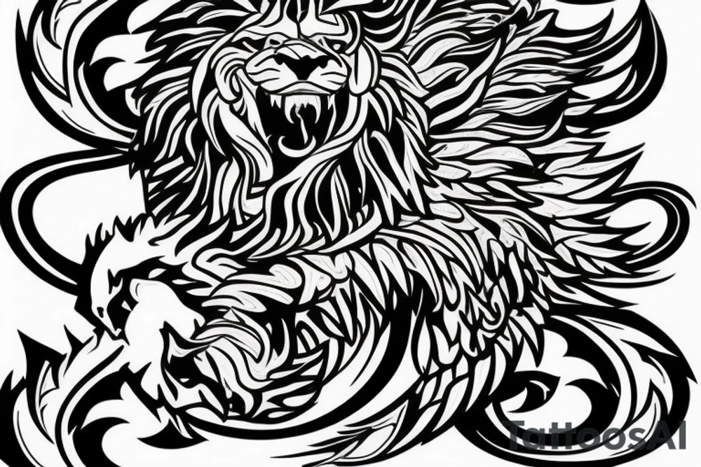 lion and dragon, pegasus, shaman, totem pole, abstract negative space, not ugly, expressive, colour, trippy, lions mane, dragon feet, sharp claws tattoo idea