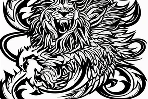 lion and dragon, pegasus, shaman, totem pole, abstract negative space, not ugly, expressive, colour, trippy, lions mane, dragon feet, sharp claws tattoo idea