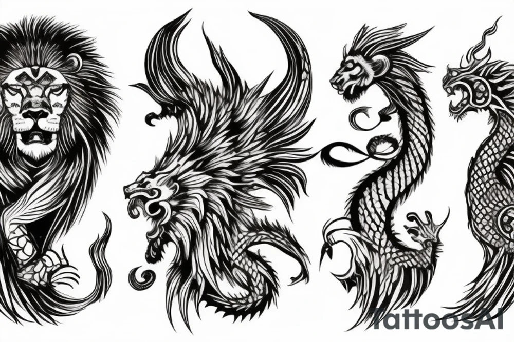 lion and dragon, pegasus, shaman, totem pole, abstract negative space, not ugly, expressive, colour, trippy, lions mane, dragon feet, sharp claws tattoo idea