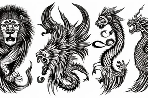 lion and dragon, pegasus, shaman, totem pole, abstract negative space, not ugly, expressive, colour, trippy, lions mane, dragon feet, sharp claws tattoo idea
