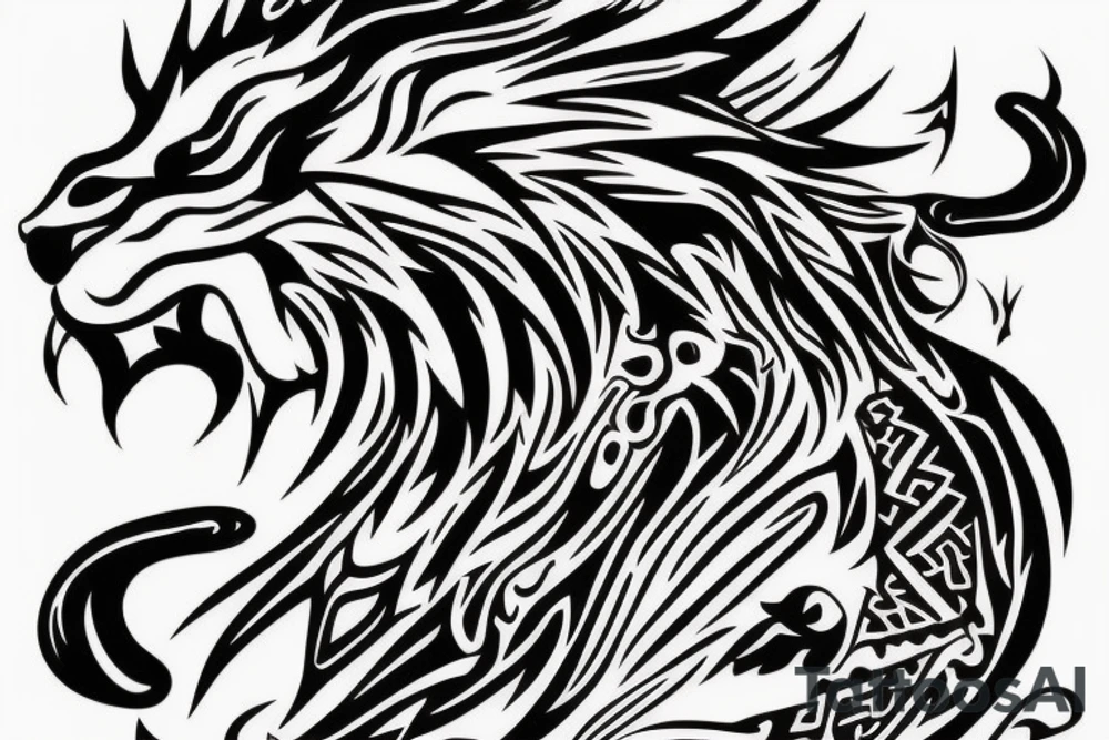 lion and dragon, pegasus, shaman, totem pole, abstract negative space, not ugly, expressive, colour, trippy, lions mane, dragon feet, sharp claws tattoo idea