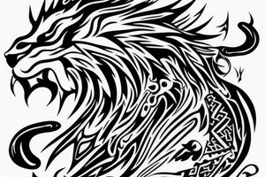 lion and dragon, pegasus, shaman, totem pole, abstract negative space, not ugly, expressive, colour, trippy, lions mane, dragon feet, sharp claws tattoo idea