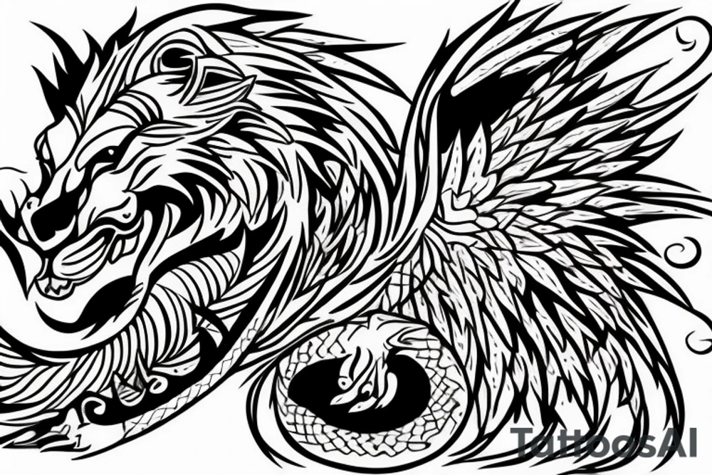 lion and dragon, pegasus, shaman, totem pole, abstract negative space, not ugly, expressive, colour, trippy, lions mane, dragon feet, sharp claws tattoo idea