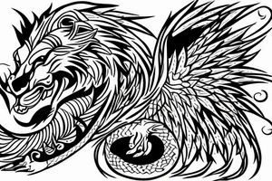 lion and dragon, pegasus, shaman, totem pole, abstract negative space, not ugly, expressive, colour, trippy, lions mane, dragon feet, sharp claws tattoo idea