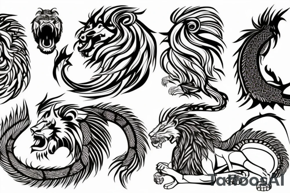 lion and dragon, pegasus, shaman, totem pole, abstract negative space, not ugly, expressive, colour, trippy, lions mane, dragon feet, sharp claws tattoo idea