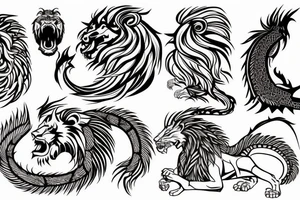 lion and dragon, pegasus, shaman, totem pole, abstract negative space, not ugly, expressive, colour, trippy, lions mane, dragon feet, sharp claws tattoo idea