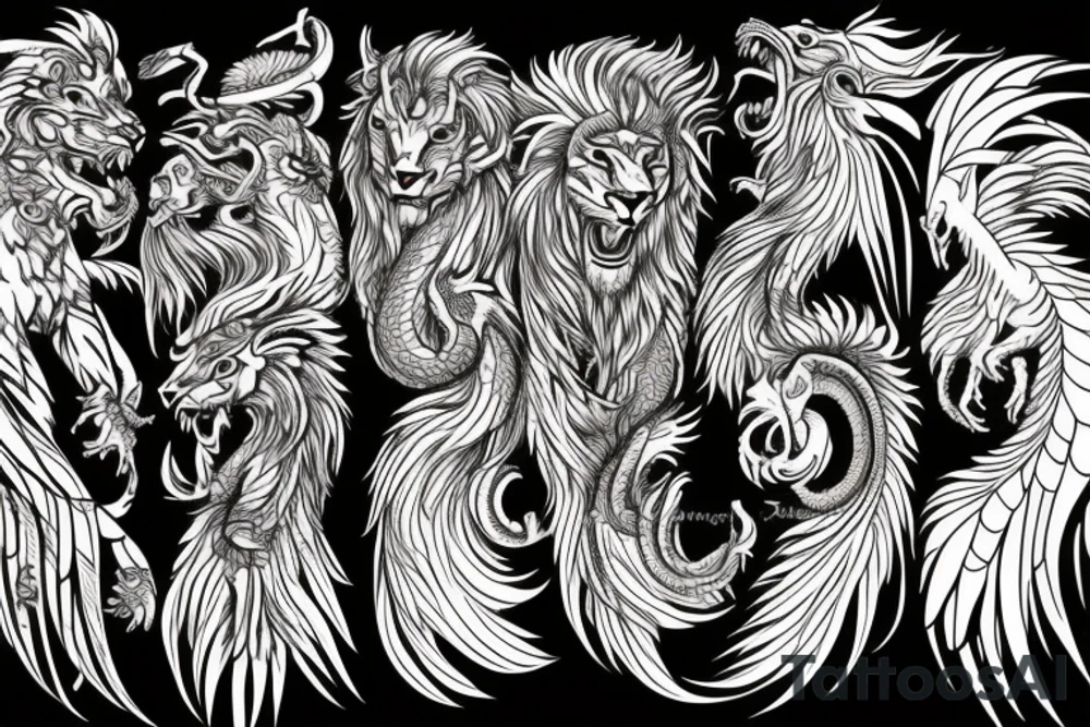 lion and dragon, pegasus, shaman, totem pole, abstract negative space, not ugly, expressive, colour, trippy, lions mane, dragon feet, sharp claws tattoo idea