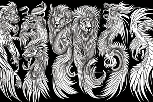 lion and dragon, pegasus, shaman, totem pole, abstract negative space, not ugly, expressive, colour, trippy, lions mane, dragon feet, sharp claws tattoo idea