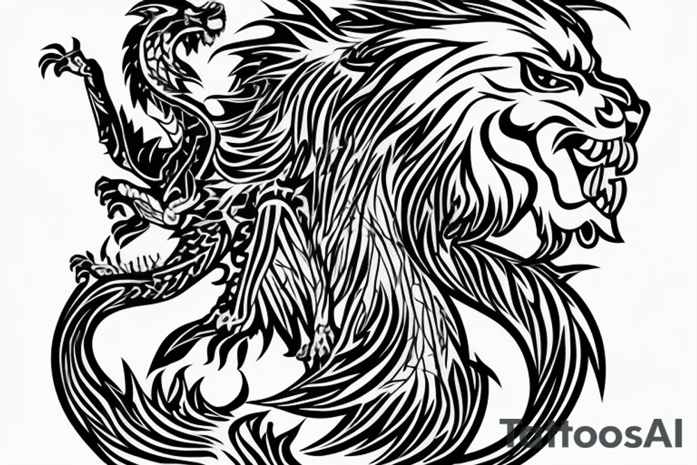 lion and dragon, pegasus, shaman, totem pole, abstract negative space, not ugly, expressive, colour, trippy, lions mane, dragon feet, sharp claws, crystal ball, siance tattoo idea