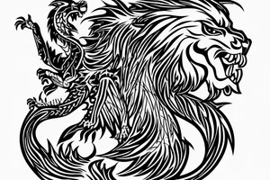lion and dragon, pegasus, shaman, totem pole, abstract negative space, not ugly, expressive, colour, trippy, lions mane, dragon feet, sharp claws, crystal ball, siance tattoo idea