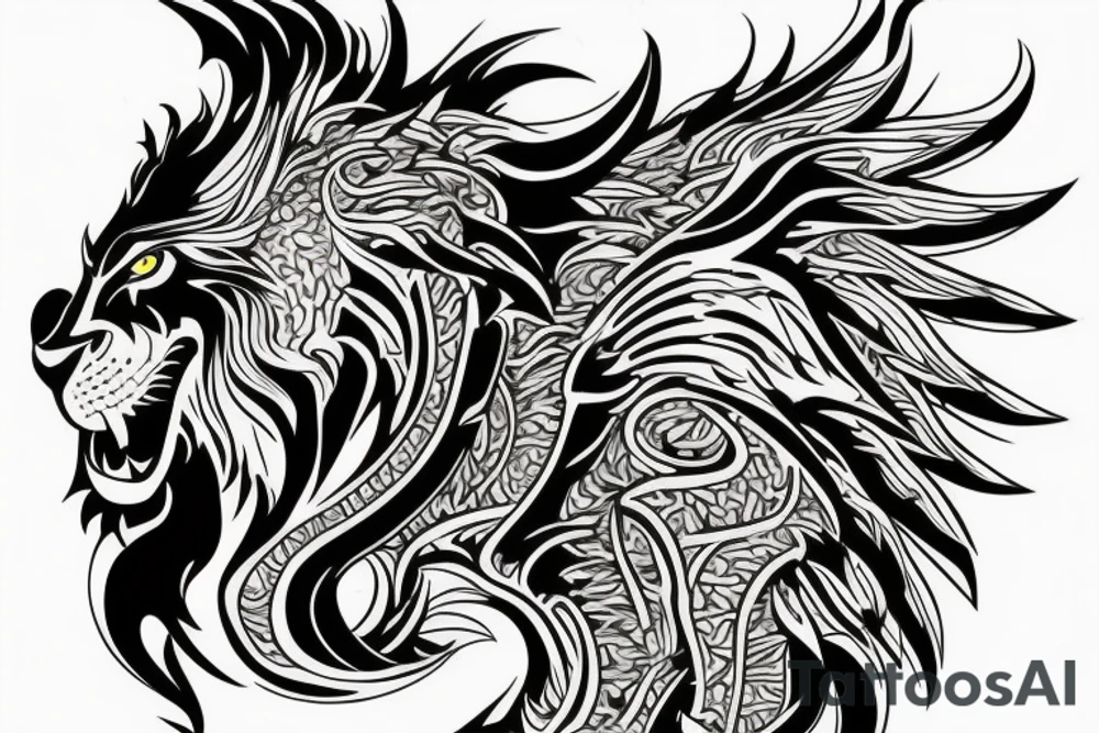 lion and dragon, pegasus, shaman, totem pole, abstract negative space, not ugly, expressive, colour, trippy, lions mane, dragon feet, sharp claws, crystal ball, siance tattoo idea