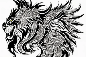 lion and dragon, pegasus, shaman, totem pole, abstract negative space, not ugly, expressive, colour, trippy, lions mane, dragon feet, sharp claws, crystal ball, siance tattoo idea