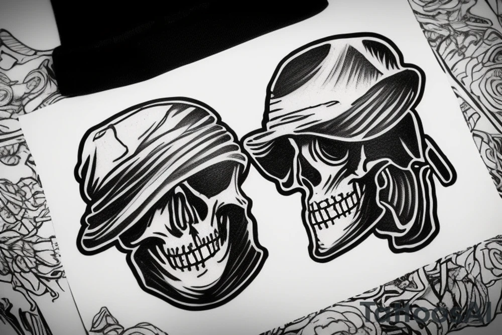 Skeleton with bucket hat on sunset tattoo idea