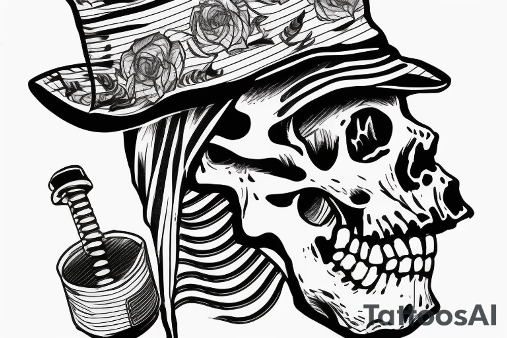 Skeleton with bucket hat on sunset tattoo idea