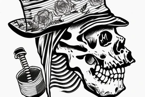Skeleton with bucket hat on sunset tattoo idea
