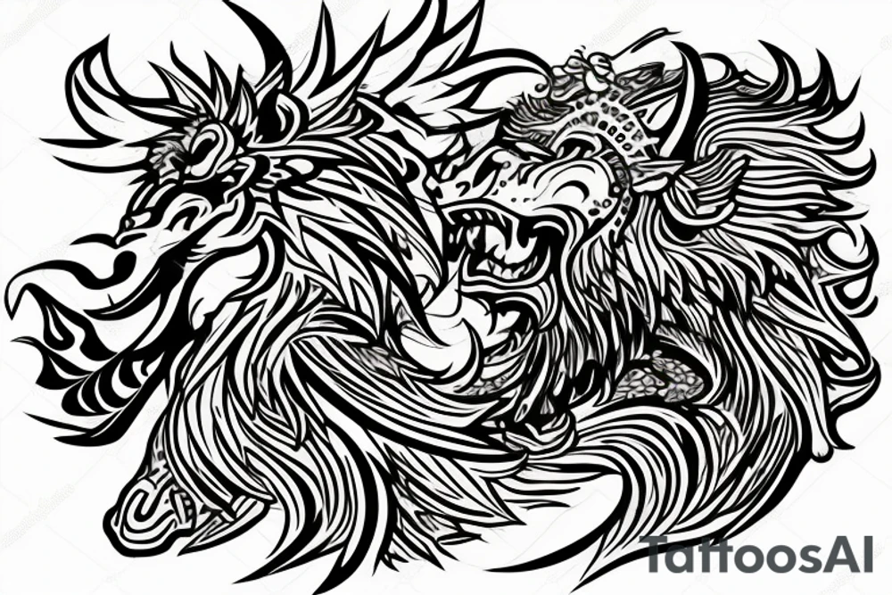 lion and dragon, pegasus, shaman, totem pole, abstract negative space, not ugly, expressive, colour, trippy, lions mane, dragon feet, sharp claws, crystal ball tattoo idea