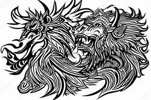 lion and dragon, pegasus, shaman, totem pole, abstract negative space, not ugly, expressive, colour, trippy, lions mane, dragon feet, sharp claws, crystal ball tattoo idea