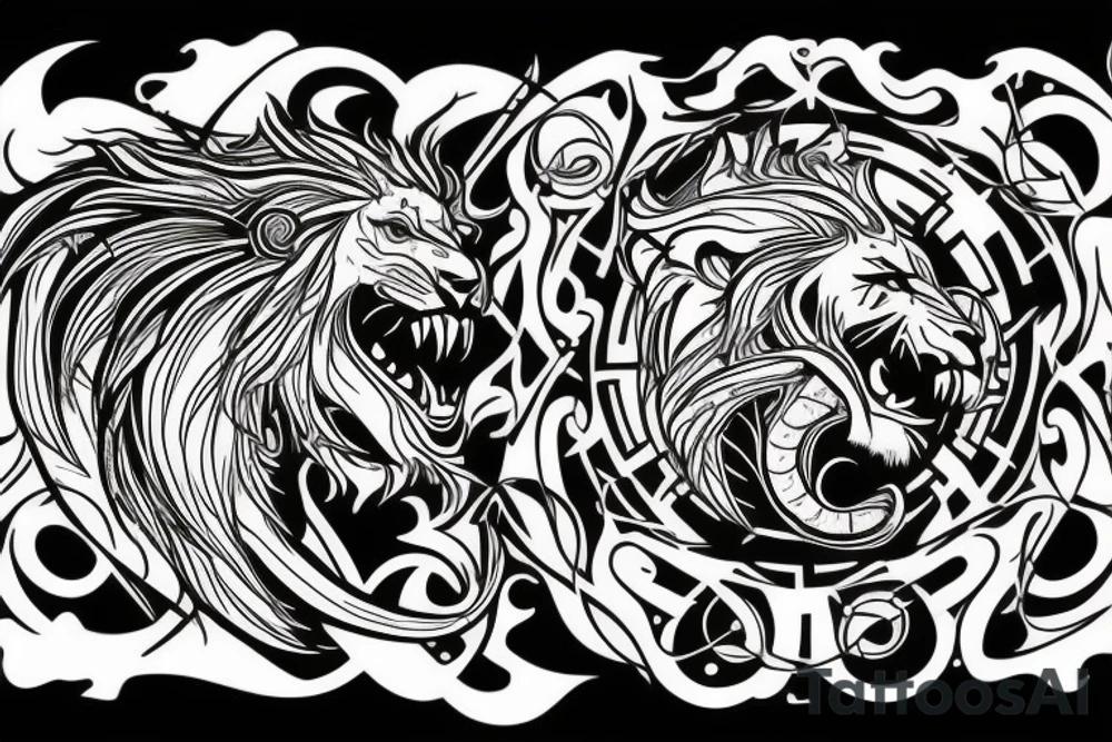 lion and dragon, pegasus, shaman, totem pole, abstract negative space, not ugly, expressive, colour, trippy, lions mane, dragon feet, sharp claws, crystal ball tattoo idea