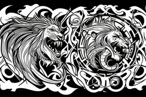 lion and dragon, pegasus, shaman, totem pole, abstract negative space, not ugly, expressive, colour, trippy, lions mane, dragon feet, sharp claws, crystal ball tattoo idea