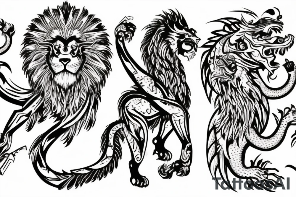 lion and dragon, pegasus, shaman, totem pole, abstract negative space, not ugly, expressive, colour, trippy, lions mane, dragon feet, sharp claws, crystal ball tattoo idea