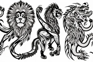 lion and dragon, pegasus, shaman, totem pole, abstract negative space, not ugly, expressive, colour, trippy, lions mane, dragon feet, sharp claws, crystal ball tattoo idea