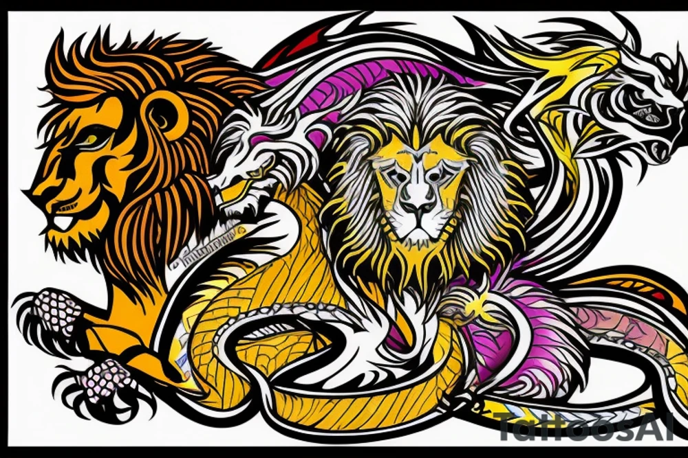 lion and dragon, pegasus, shaman, totem pole, abstract negative space, not ugly, expressive, colour, trippy, lions mane, dragon feet, sharp claws, crystal ball tattoo idea