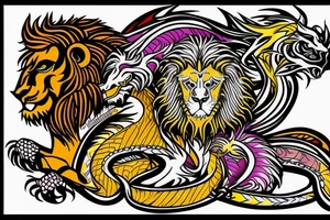 lion and dragon, pegasus, shaman, totem pole, abstract negative space, not ugly, expressive, colour, trippy, lions mane, dragon feet, sharp claws, crystal ball tattoo idea