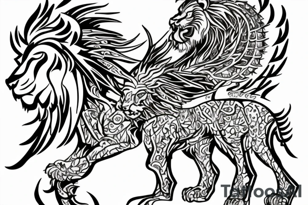 lion and dragon, pegasus, shaman, totem pole, abstract negative space, not ugly, expressive, colour, trippy, lions mane, dragon feet, sharp claws, crystal ball tattoo idea