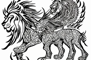 lion and dragon, pegasus, shaman, totem pole, abstract negative space, not ugly, expressive, colour, trippy, lions mane, dragon feet, sharp claws, crystal ball tattoo idea