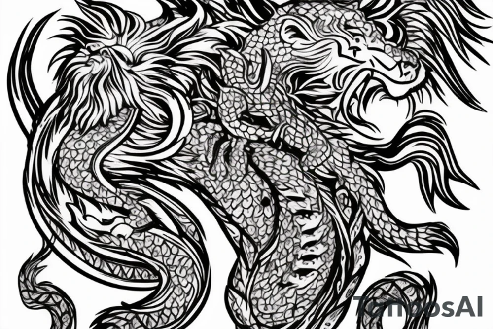 lion and dragon, pegasus, shaman, totem pole, abstract negative space, not ugly, expressive, colour, trippy, lions mane, dragon feet, sharp claws, crystal ball tattoo idea