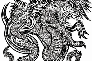 lion and dragon, pegasus, shaman, totem pole, abstract negative space, not ugly, expressive, colour, trippy, lions mane, dragon feet, sharp claws, crystal ball tattoo idea