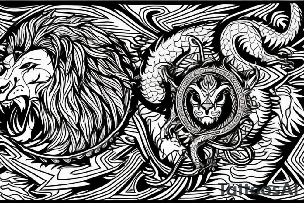 lion and dragon, pegasus, shaman, totem pole, abstract negative space, not ugly, expressive, colour, trippy, lions mane, dragon feet, sharp claws, crystal ball tattoo idea