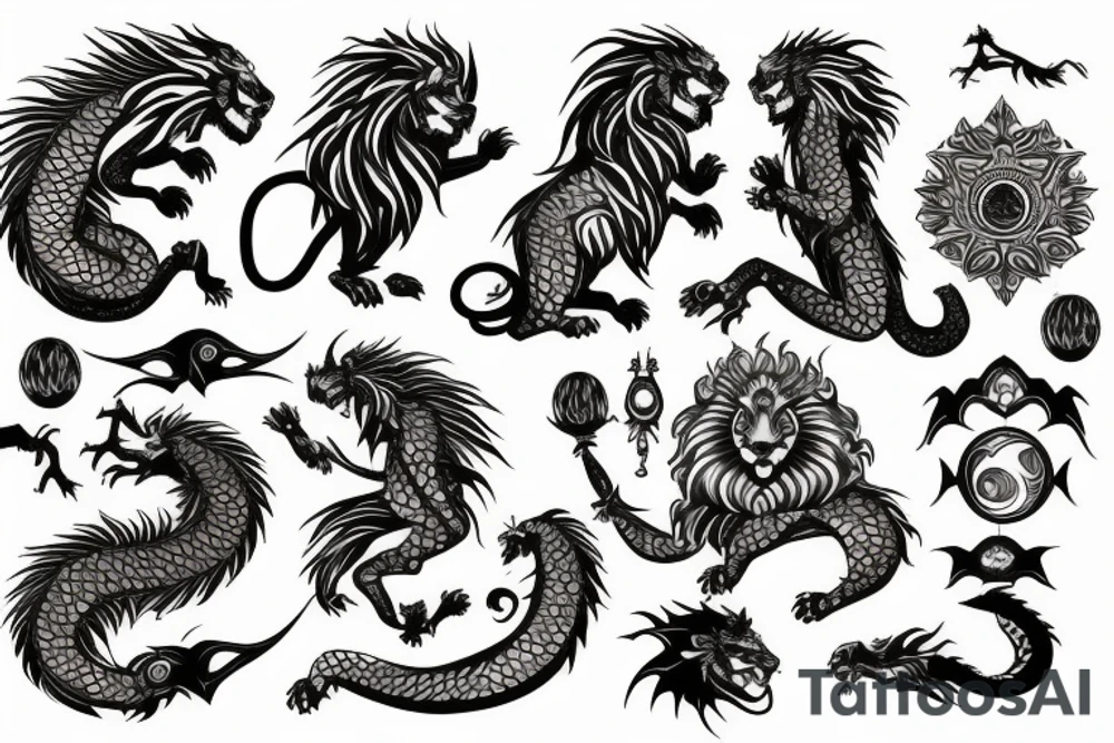 lion and dragon, pegasus, shaman, totem pole, abstract negative space, not ugly, expressive, colour, trippy, lions mane, dragon feet, sharp claws, crystal ball tattoo idea